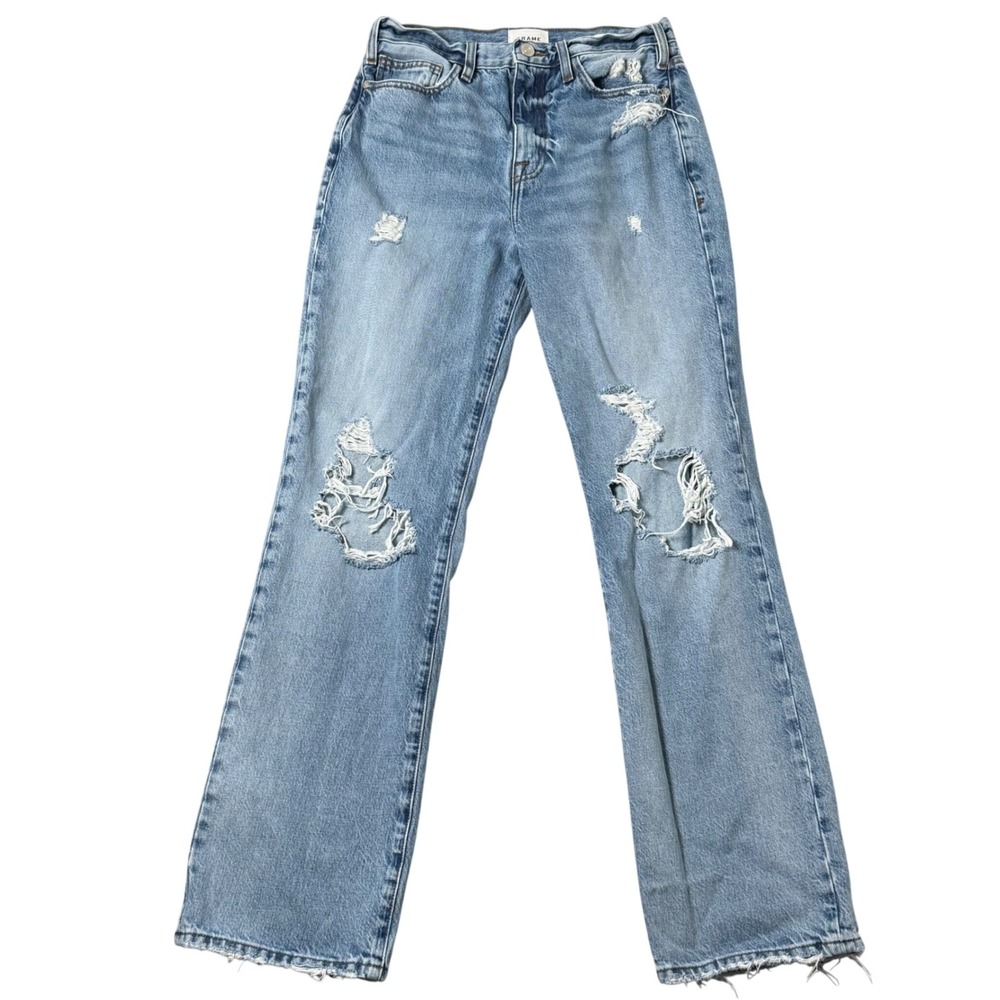 FRAME Le Jane Jean Women 28 Blue Hi Rise Flare Distress Boho Retro Casual Chic